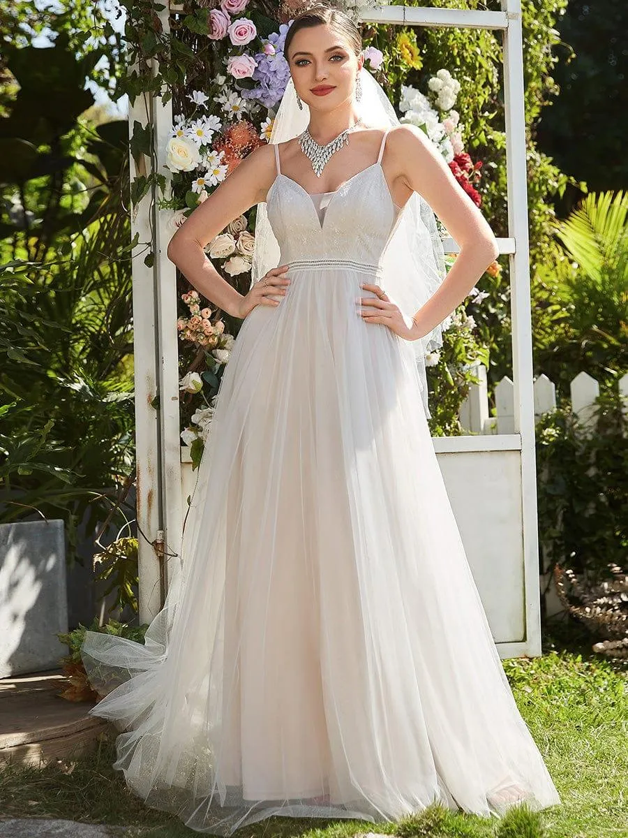 Robe de mariée A-ligne en V profond brodée à bretelles spaghetti(Vente finale)