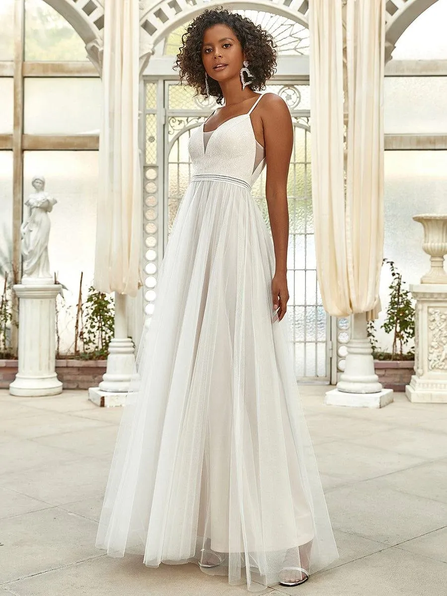 Robe de mariée A-ligne en V profond brodée à bretelles spaghetti(Vente finale)