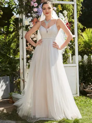 Robe de mariée A-ligne en V profond brodée à bretelles spaghetti(Vente finale)
