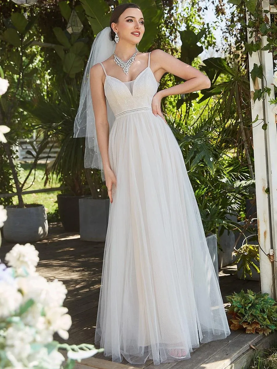 Robe de mariée A-ligne en V profond brodée à bretelles spaghetti(Vente finale)