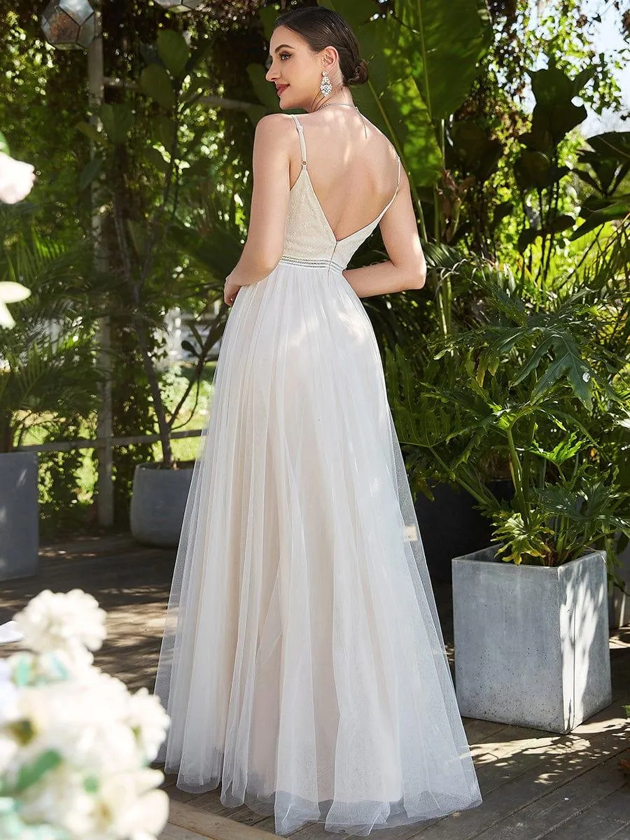 Robe de mariée A-ligne en V profond brodée à bretelles spaghetti(Vente finale)