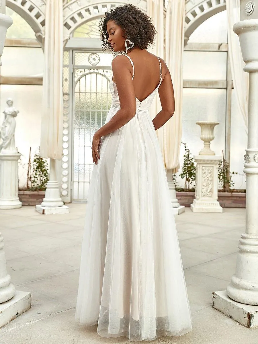 Robe de mariée A-ligne en V profond brodée à bretelles spaghetti(Vente finale)