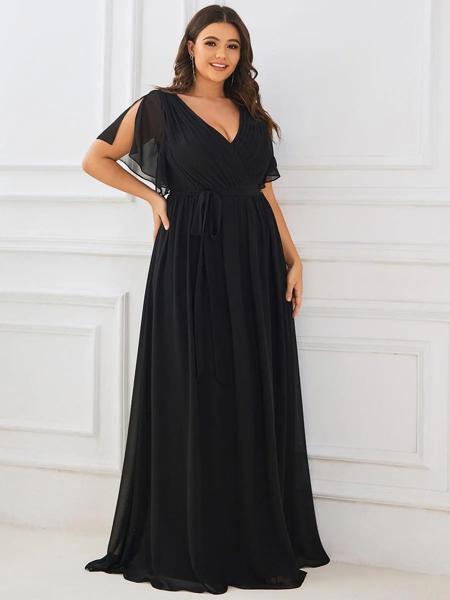 Robe mariage invitée en mousseline de soie à encolure en V et à manches flottantes