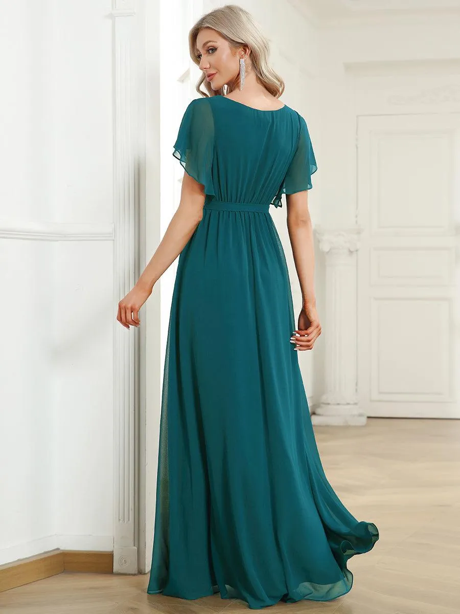 Robe mariage invitée en mousseline de soie à encolure en V et à manches flottantes