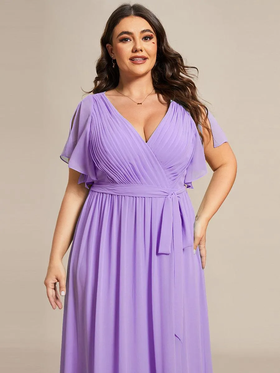 Robe mariage invitée en mousseline de soie à encolure en V et à manches flottantes