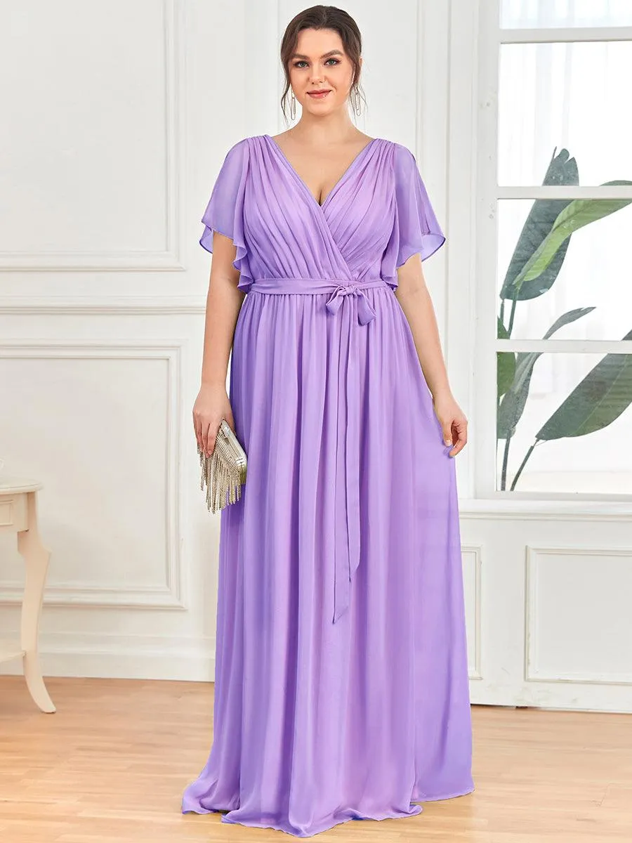 Robe mariage invitée en mousseline de soie à encolure en V et à manches flottantes