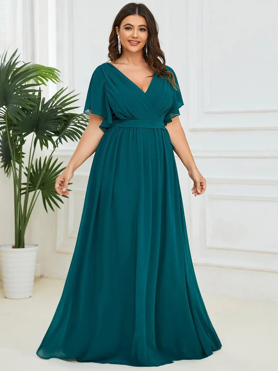 Robe mariage invitée en mousseline de soie à encolure en V et à manches flottantes