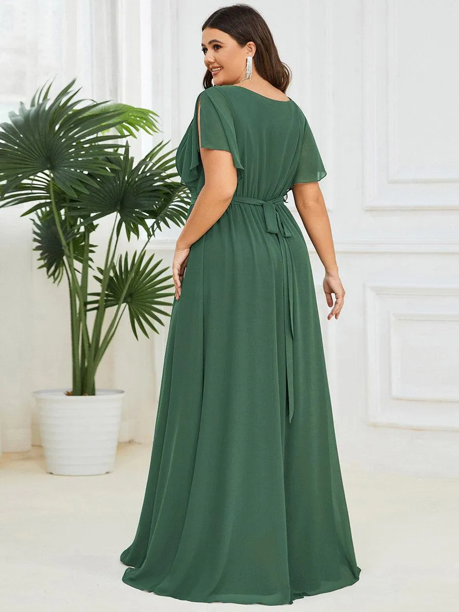 Robe mariage invitée en mousseline de soie à encolure en V et à manches flottantes