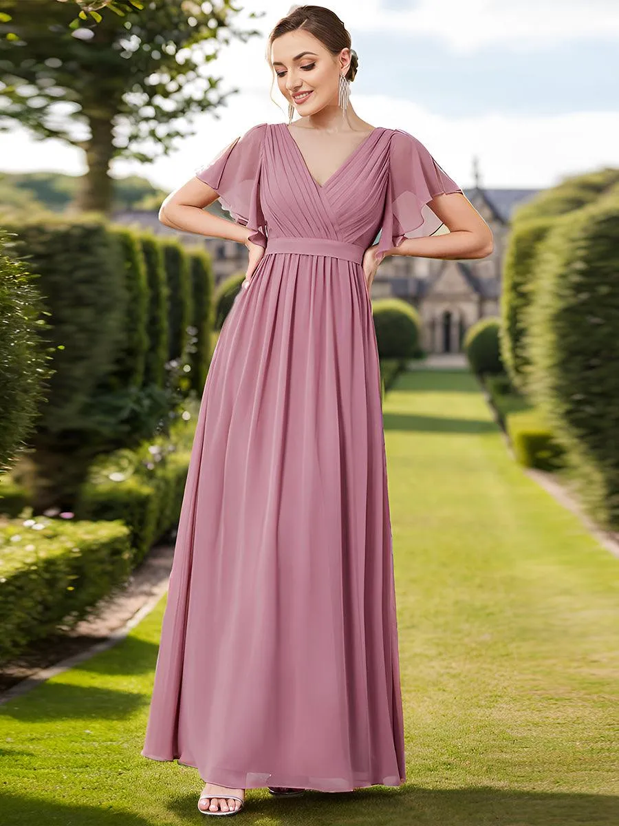 Robe mariage invitée en mousseline de soie à encolure en V et à manches flottantes
