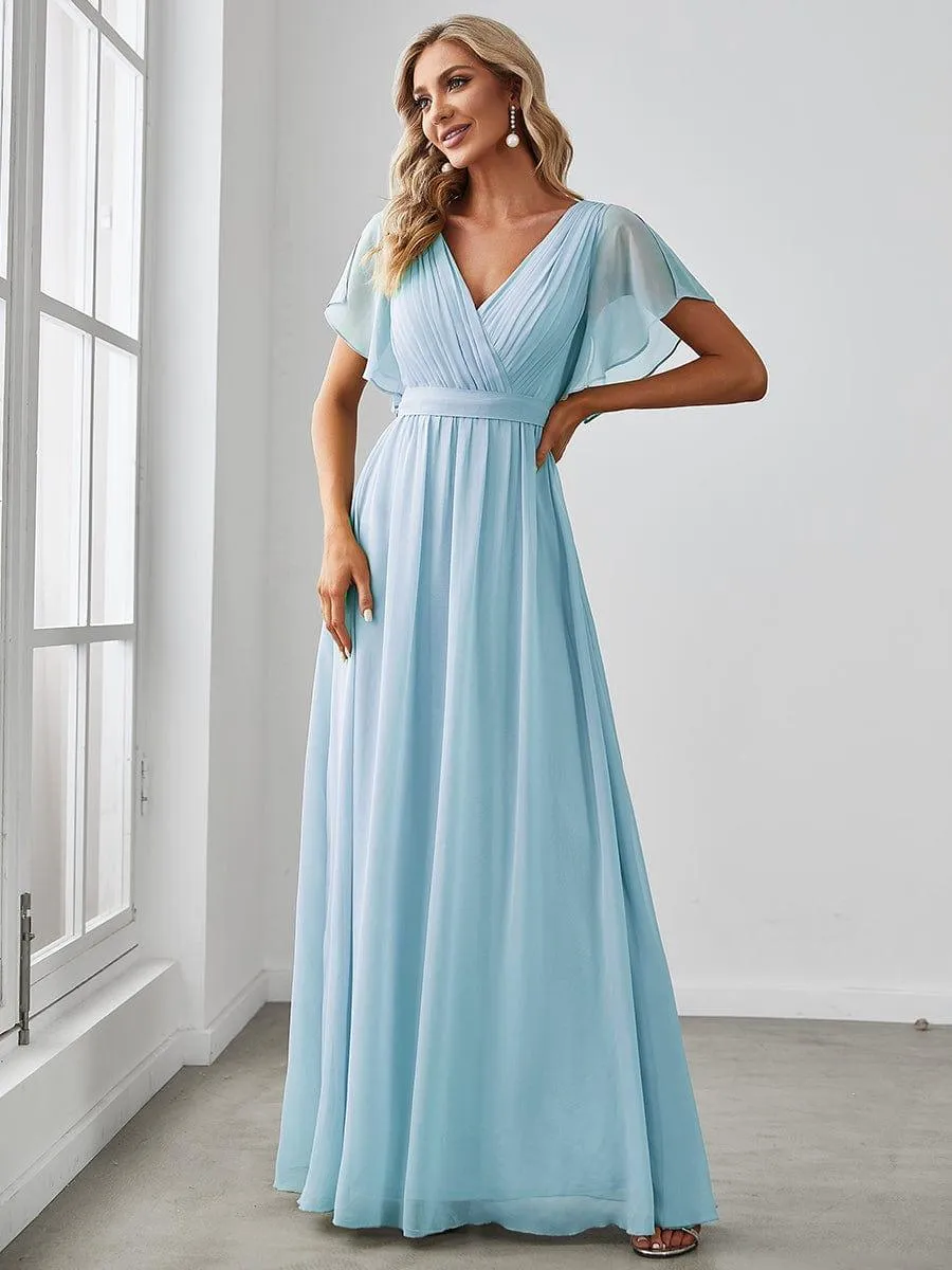 Robe mariage invitée en mousseline de soie à encolure en V et à manches flottantes