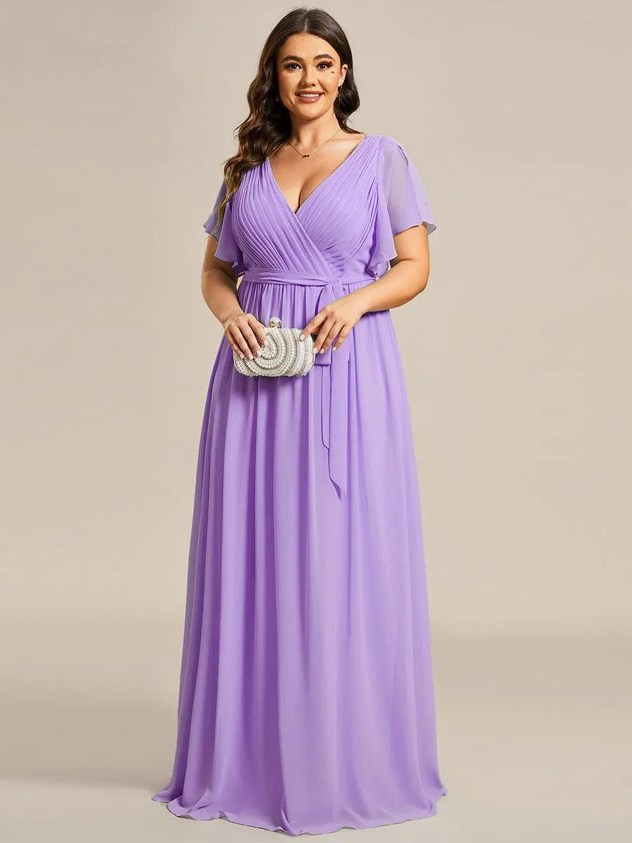 Robe mariage invitée en mousseline de soie à encolure en V et à manches flottantes