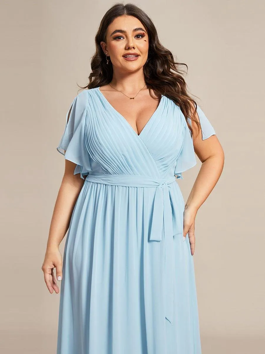 Robe mariage invitée en mousseline de soie à encolure en V et à manches flottantes