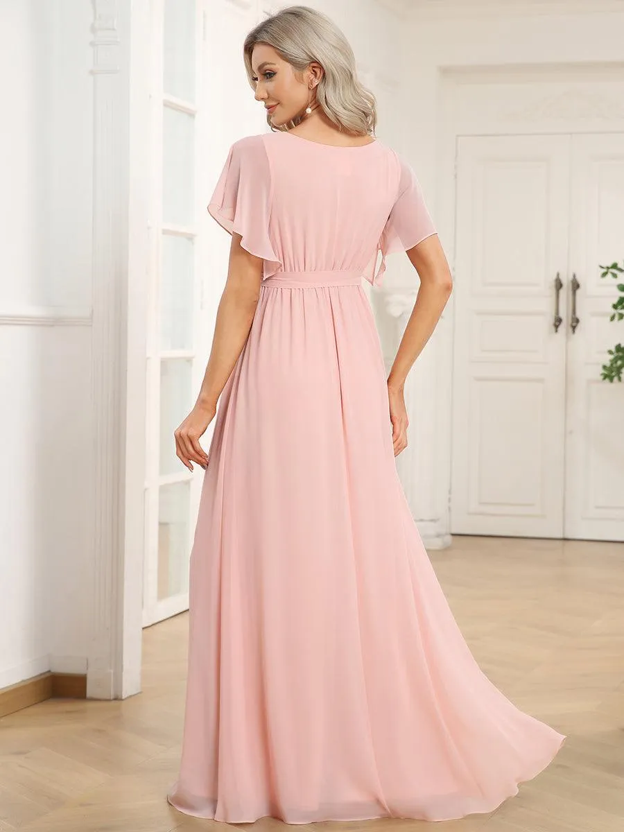 Robe mariage invitée en mousseline de soie à encolure en V et à manches flottantes
