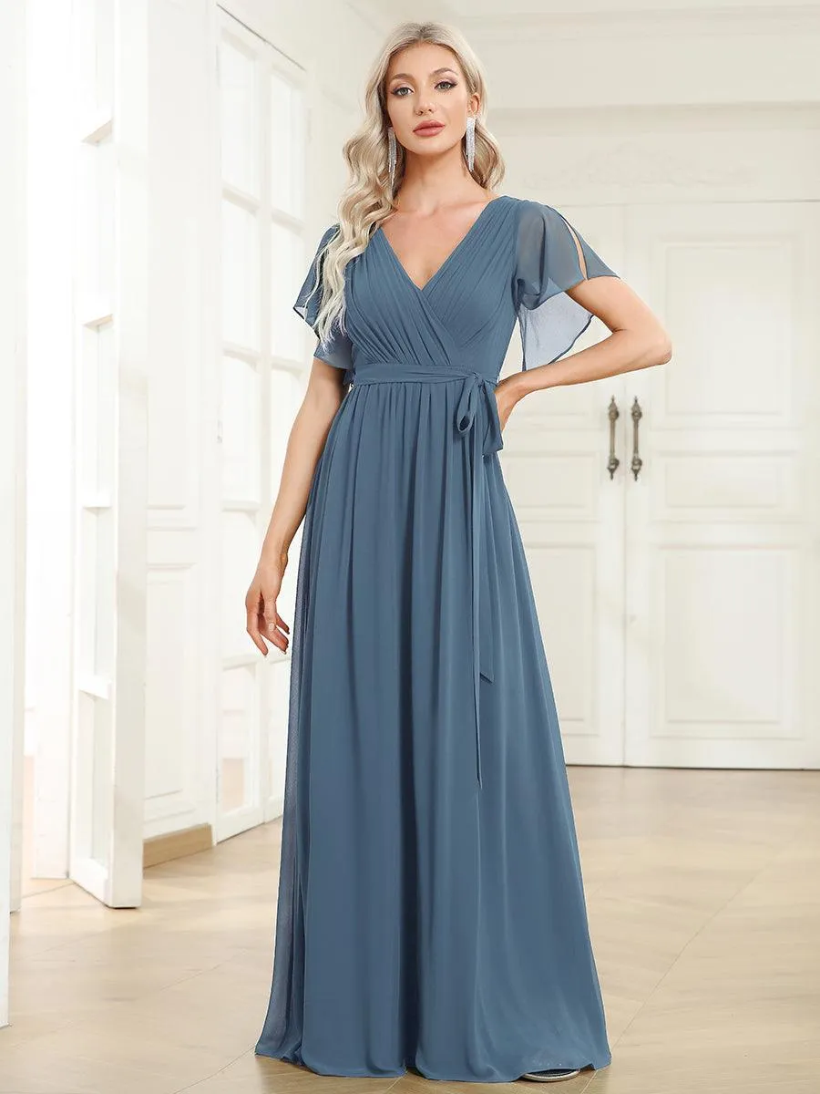 Robe mariage invitée en mousseline de soie à encolure en V et à manches flottantes
