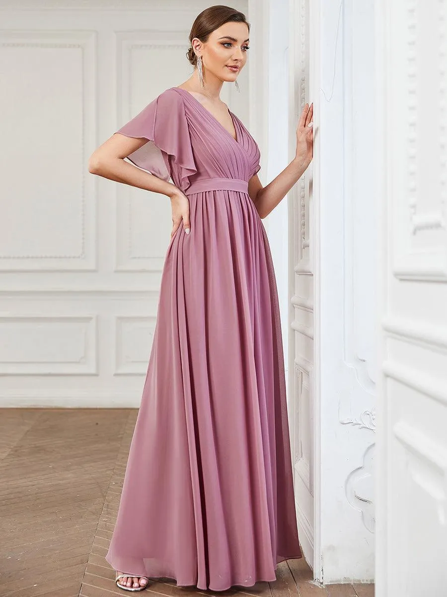 Robe mariage invitée en mousseline de soie à encolure en V et à manches flottantes