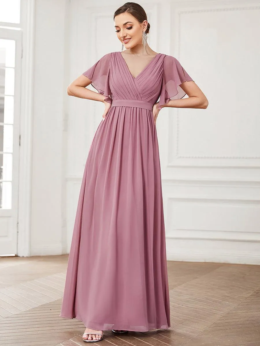 Robe mariage invitée en mousseline de soie à encolure en V et à manches flottantes