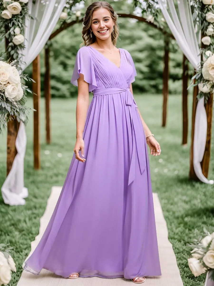 Robe mariage invitée en mousseline de soie à encolure en V et à manches flottantes