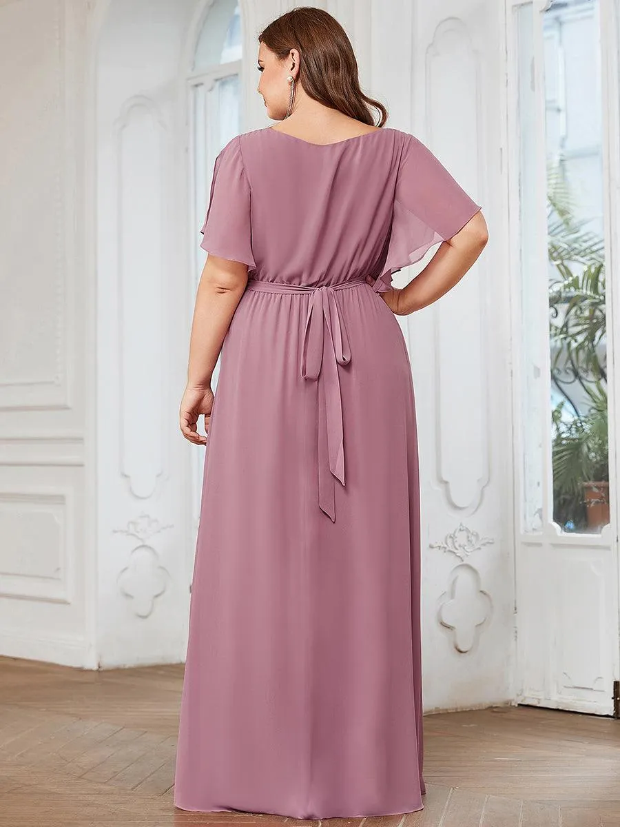 Robe mariage invitée en mousseline de soie à encolure en V et à manches flottantes