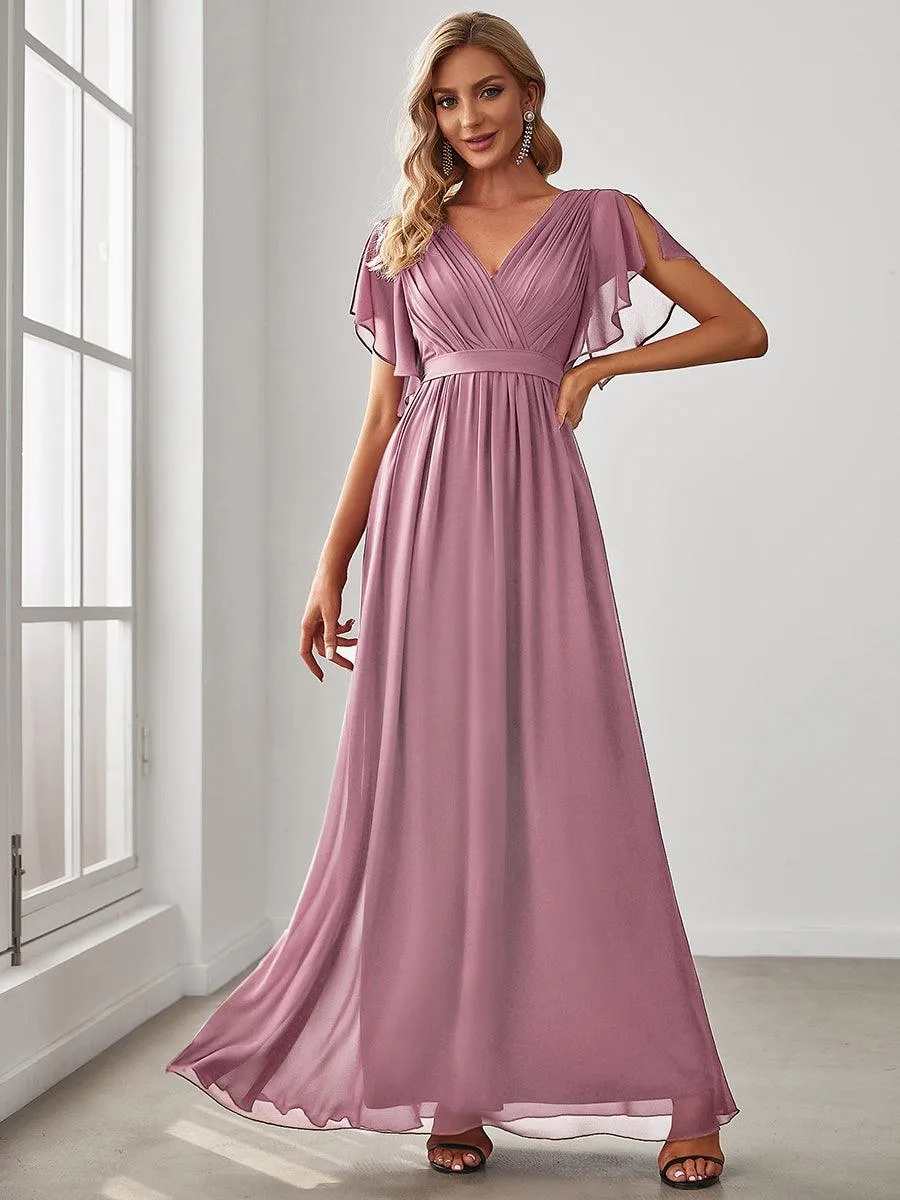 Robe mariage invitée en mousseline de soie à encolure en V et à manches flottantes