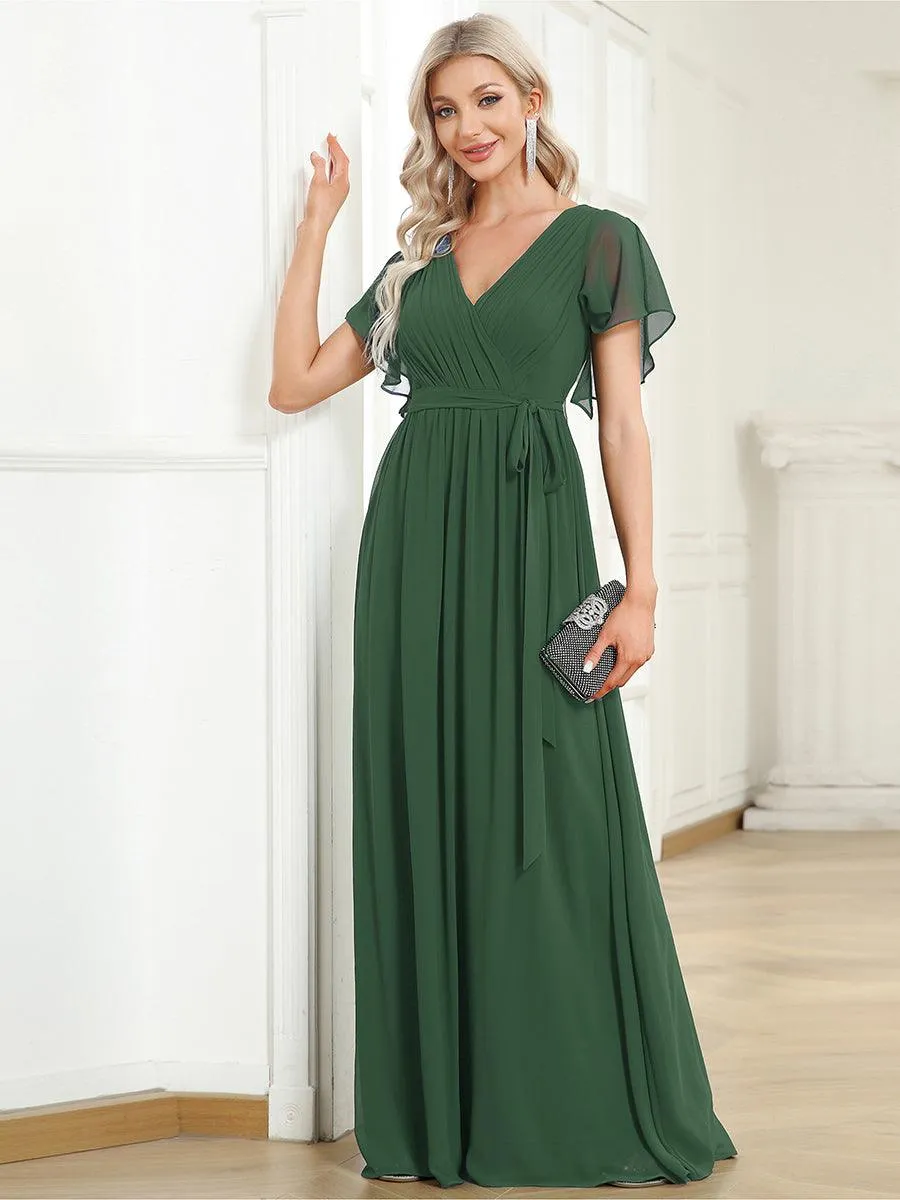 Robe mariage invitée en mousseline de soie à encolure en V et à manches flottantes