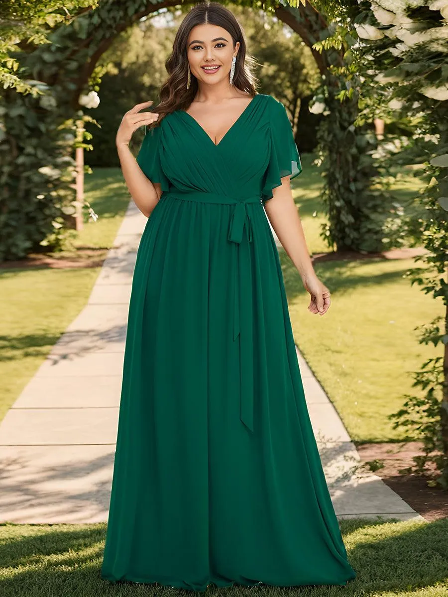 Robe mariage invitée en mousseline de soie à encolure en V et à manches flottantes
