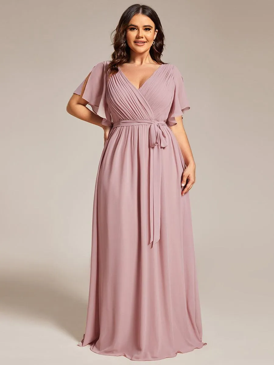 Robe mariage invitée en mousseline de soie à encolure en V et à manches flottantes