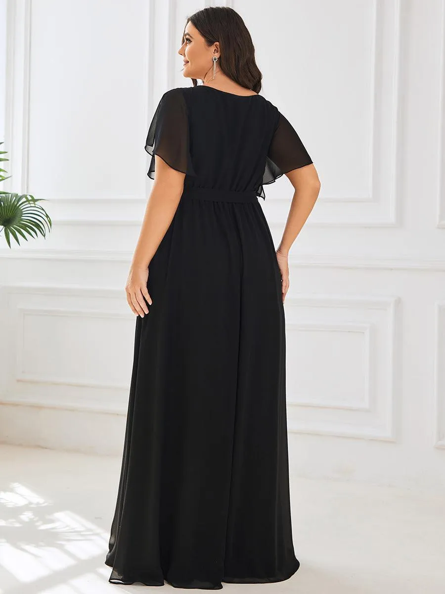 Robe mariage invitée en mousseline de soie à encolure en V et à manches flottantes