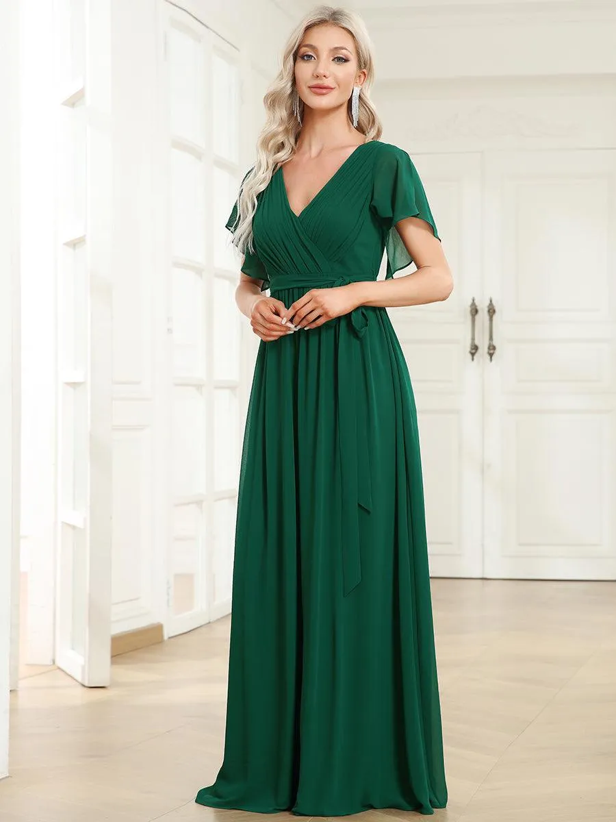 Robe mariage invitée en mousseline de soie à encolure en V et à manches flottantes