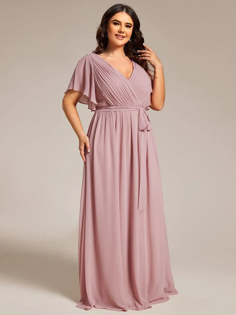 Robe mariage invitée en mousseline de soie à encolure en V et à manches flottantes