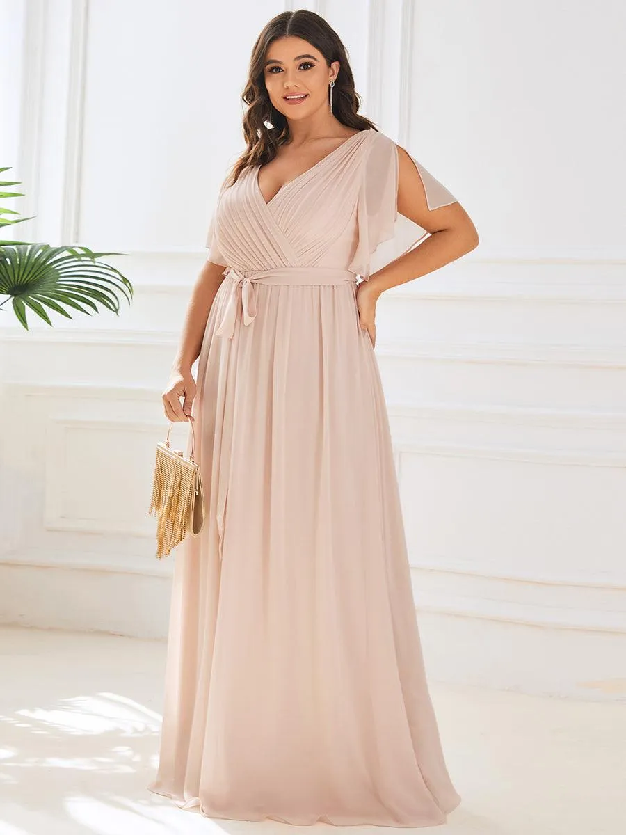 Robe mariage invitée en mousseline de soie à encolure en V et à manches flottantes