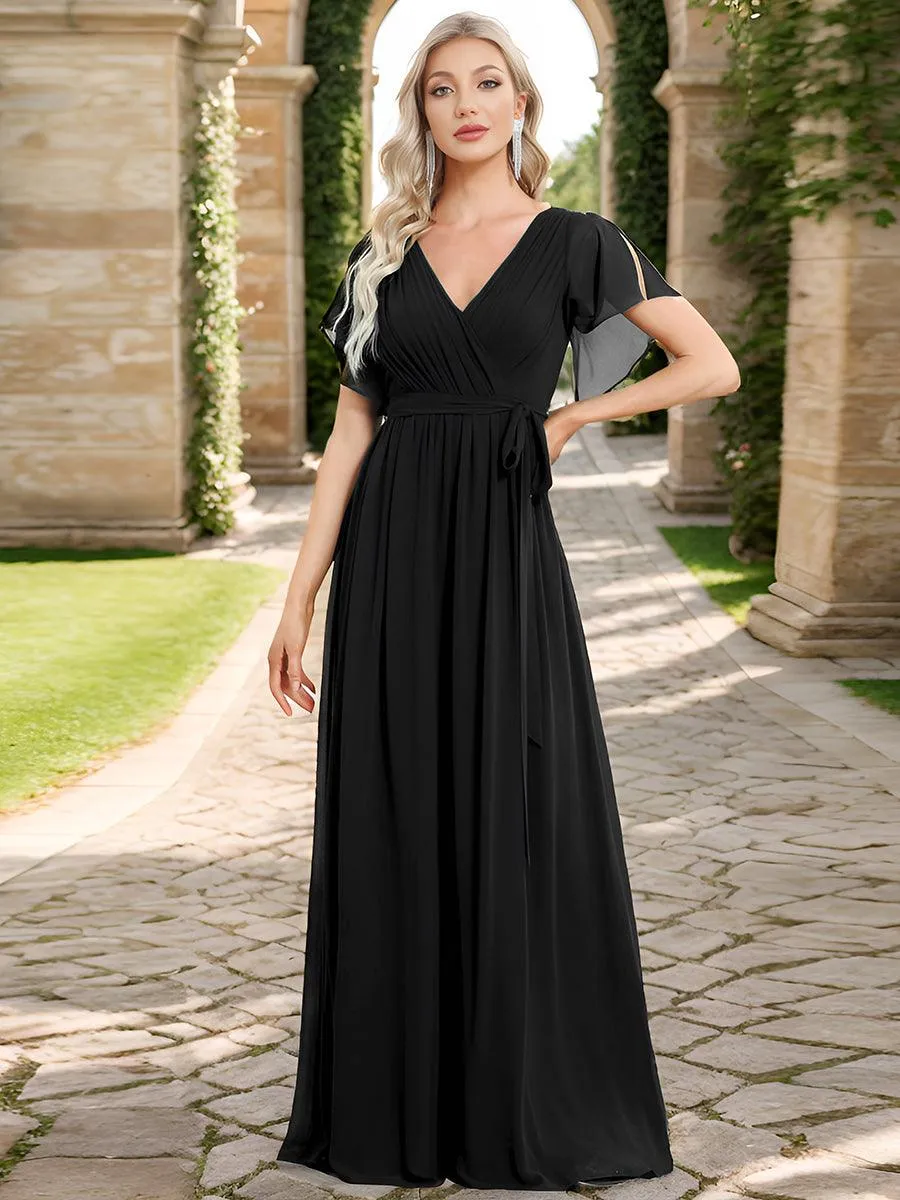 Robe mariage invitée en mousseline de soie à encolure en V et à manches flottantes