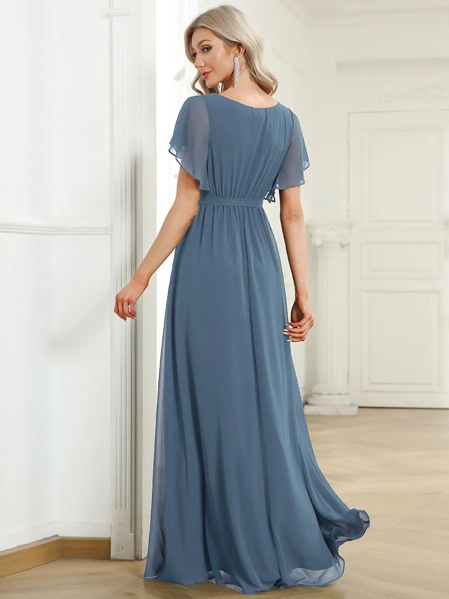 Robe mariage invitée en mousseline de soie à encolure en V et à manches flottantes