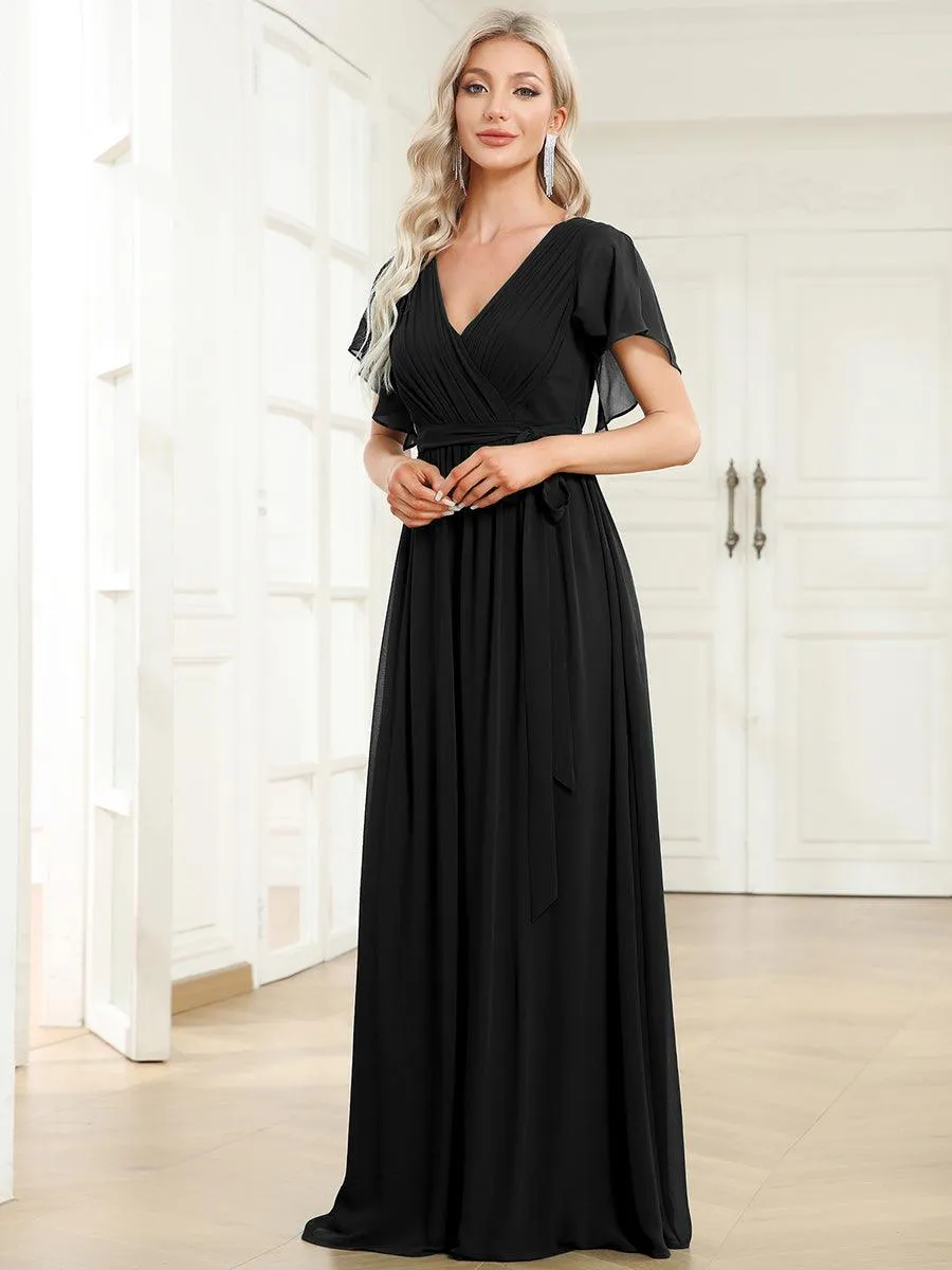 Robe mariage invitée en mousseline de soie à encolure en V et à manches flottantes