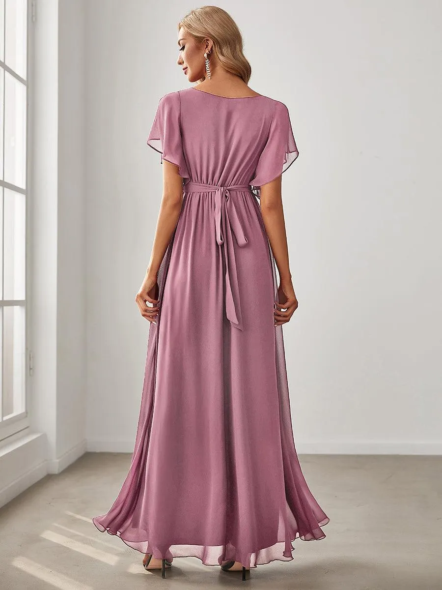 Robe mariage invitée en mousseline de soie à encolure en V et à manches flottantes