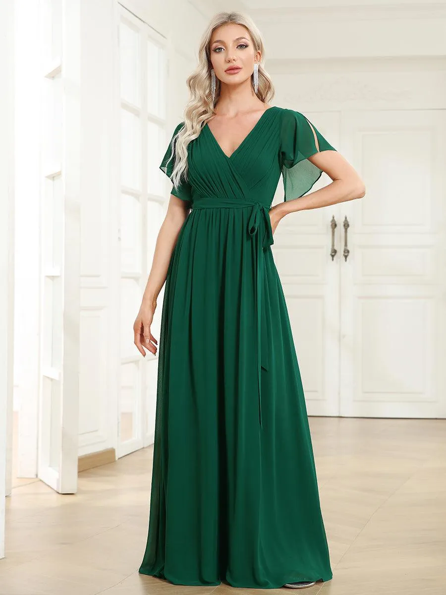 Robe mariage invitée en mousseline de soie à encolure en V et à manches flottantes
