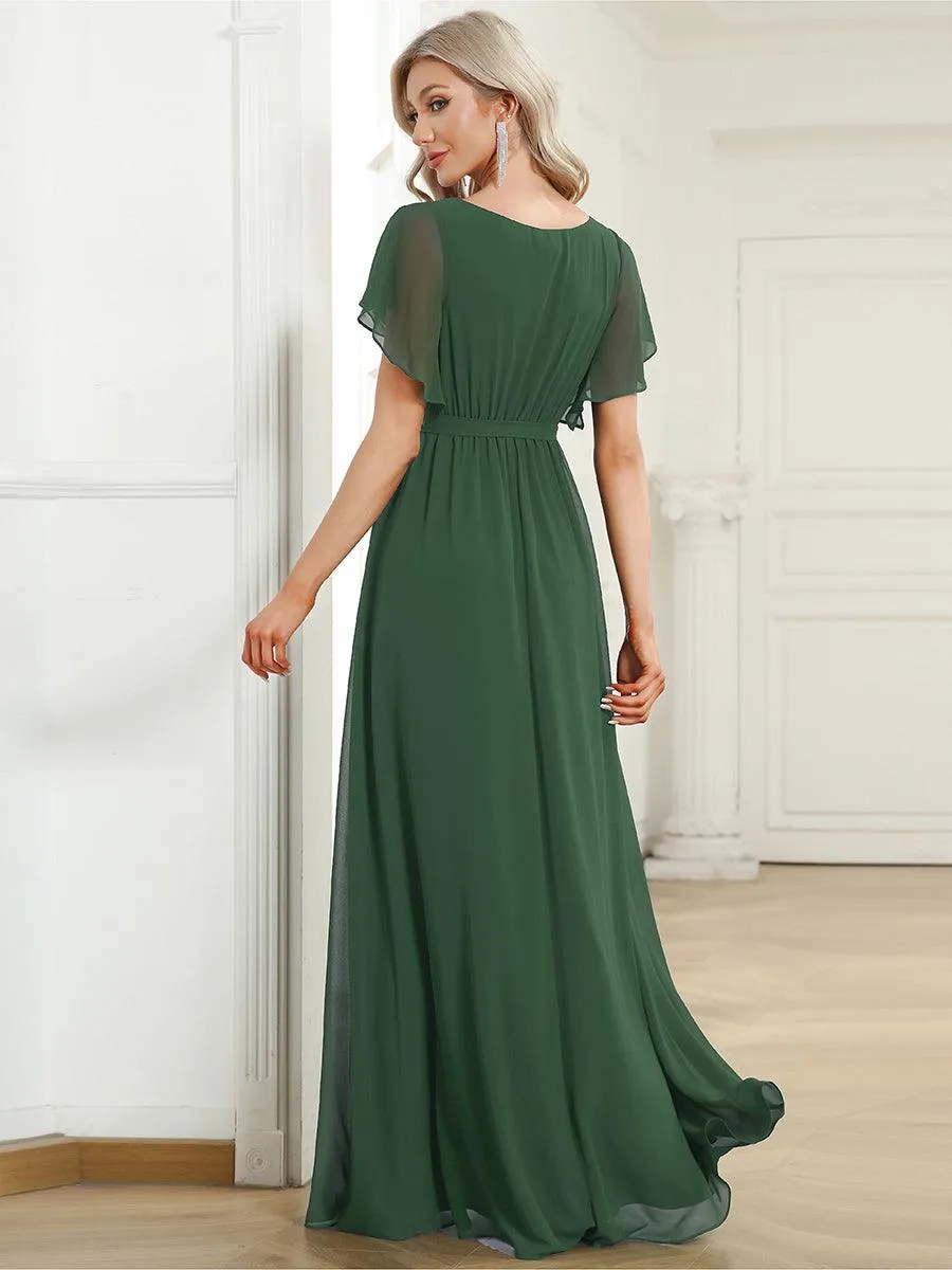 Robe mariage invitée en mousseline de soie à encolure en V et à manches flottantes