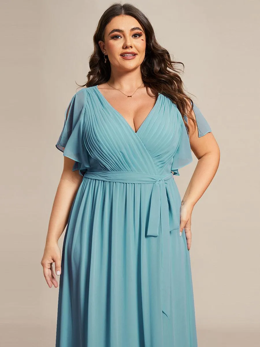 Robe mariage invitée en mousseline de soie à encolure en V et à manches flottantes