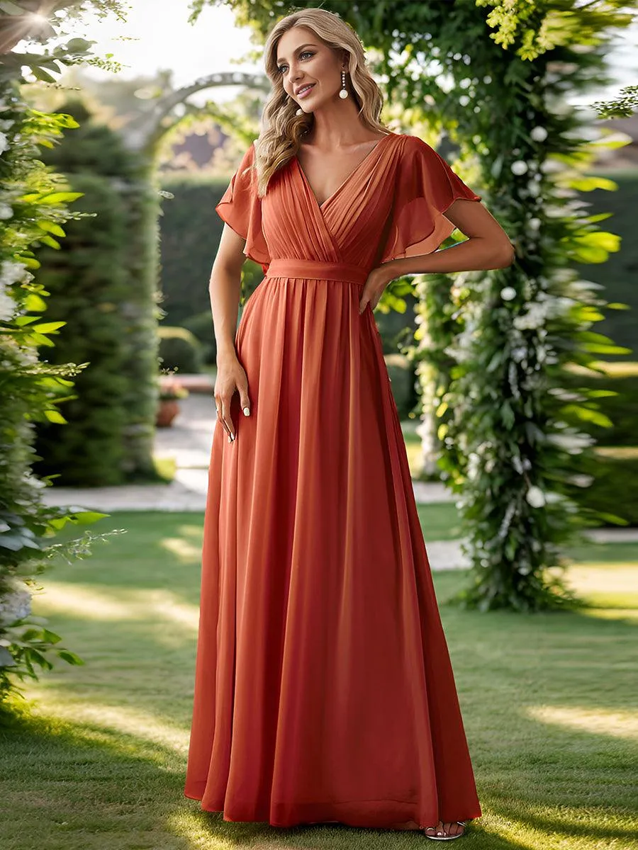 Robe mariage invitée en mousseline de soie à encolure en V et à manches flottantes