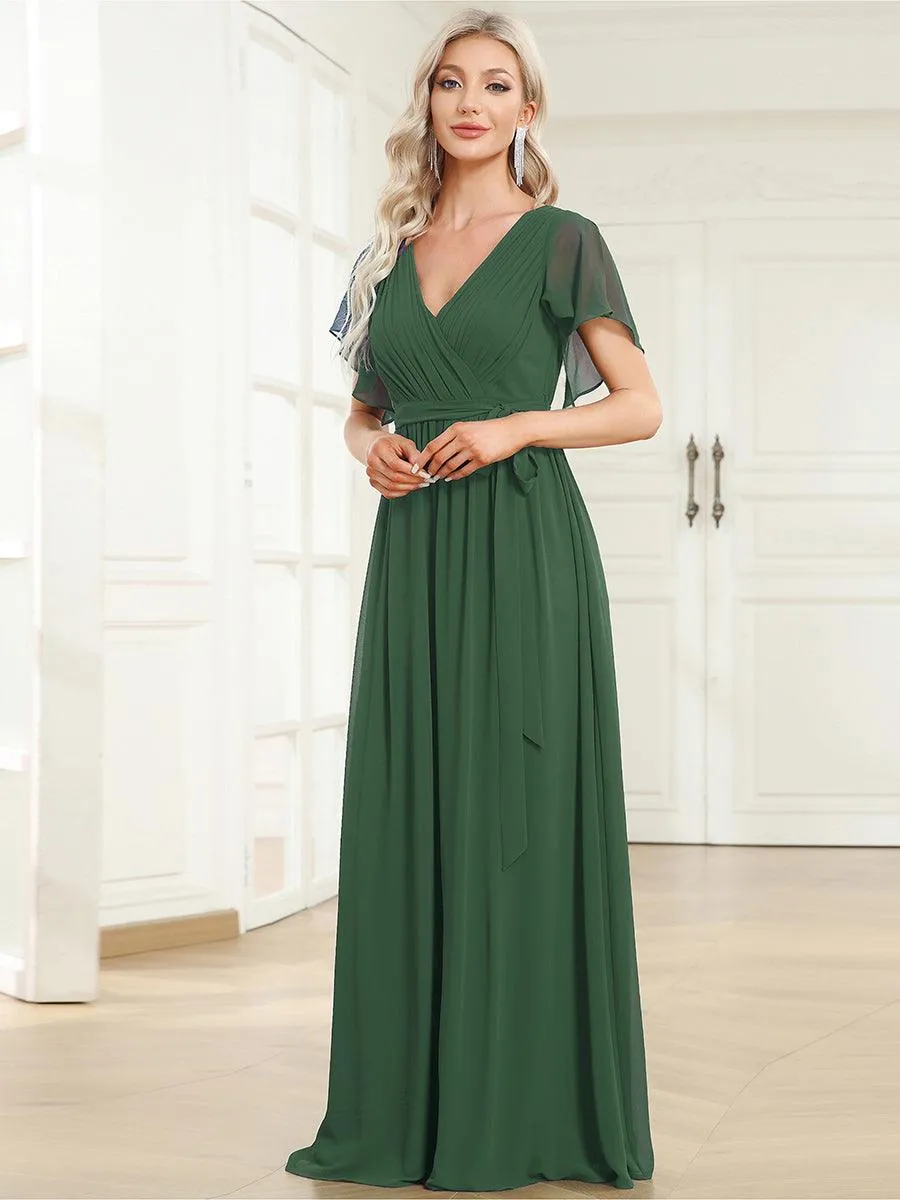 Robe mariage invitée en mousseline de soie à encolure en V et à manches flottantes