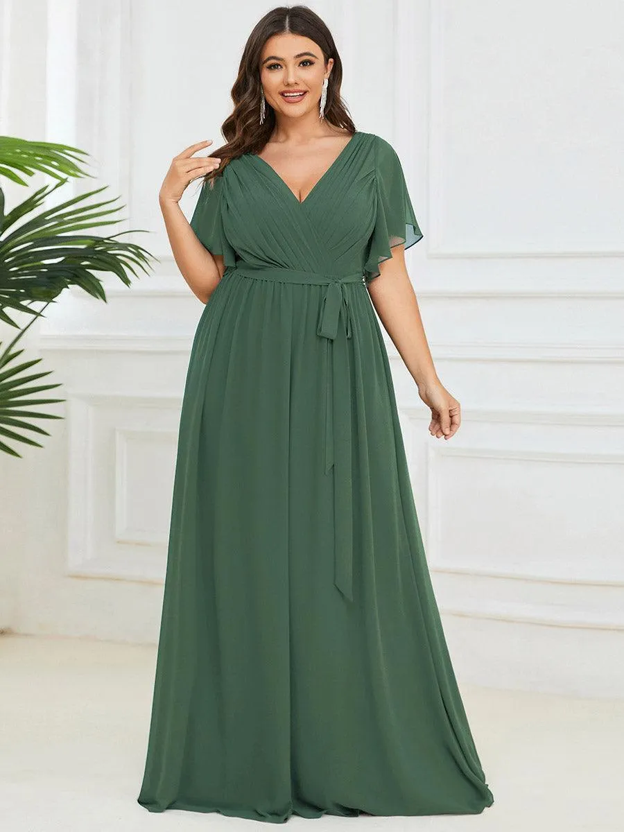 Robe mariage invitée en mousseline de soie à encolure en V et à manches flottantes