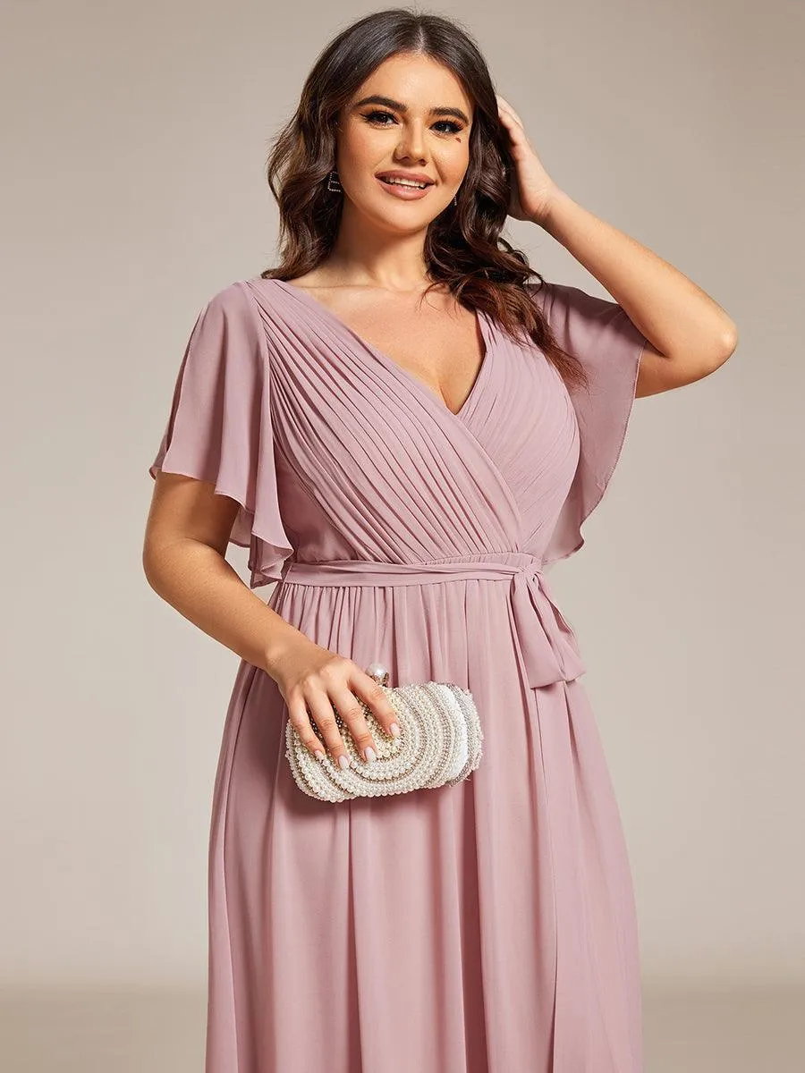 Robe mariage invitée en mousseline de soie à encolure en V et à manches flottantes