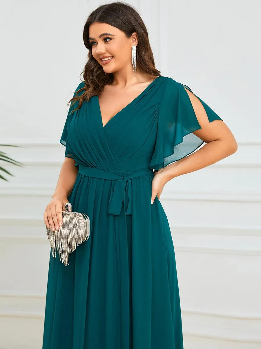 Robe mariage invitée en mousseline de soie à encolure en V et à manches flottantes