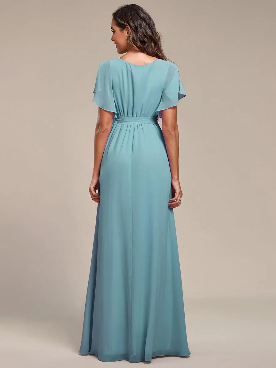 Robe mariage invitée en mousseline de soie à encolure en V et à manches flottantes