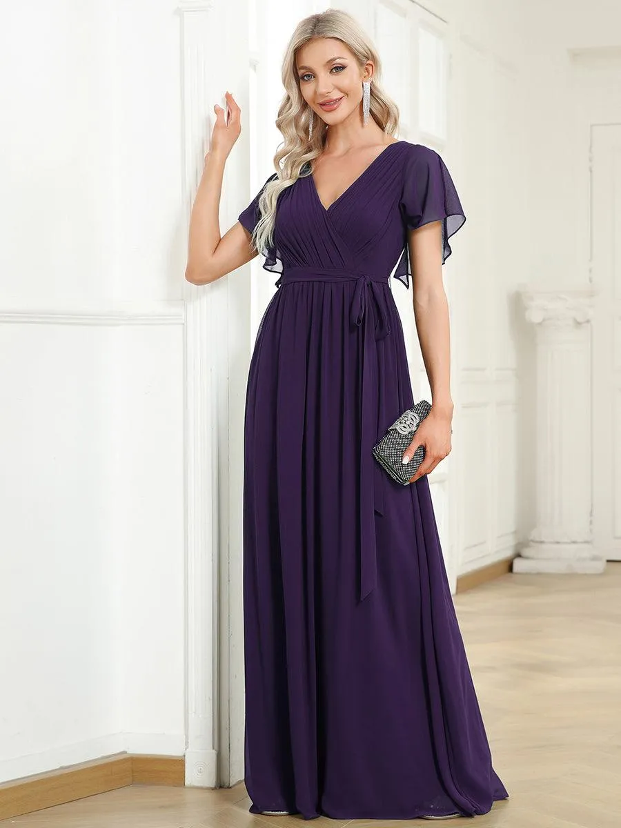 Robe mariage invitée en mousseline de soie à encolure en V et à manches flottantes