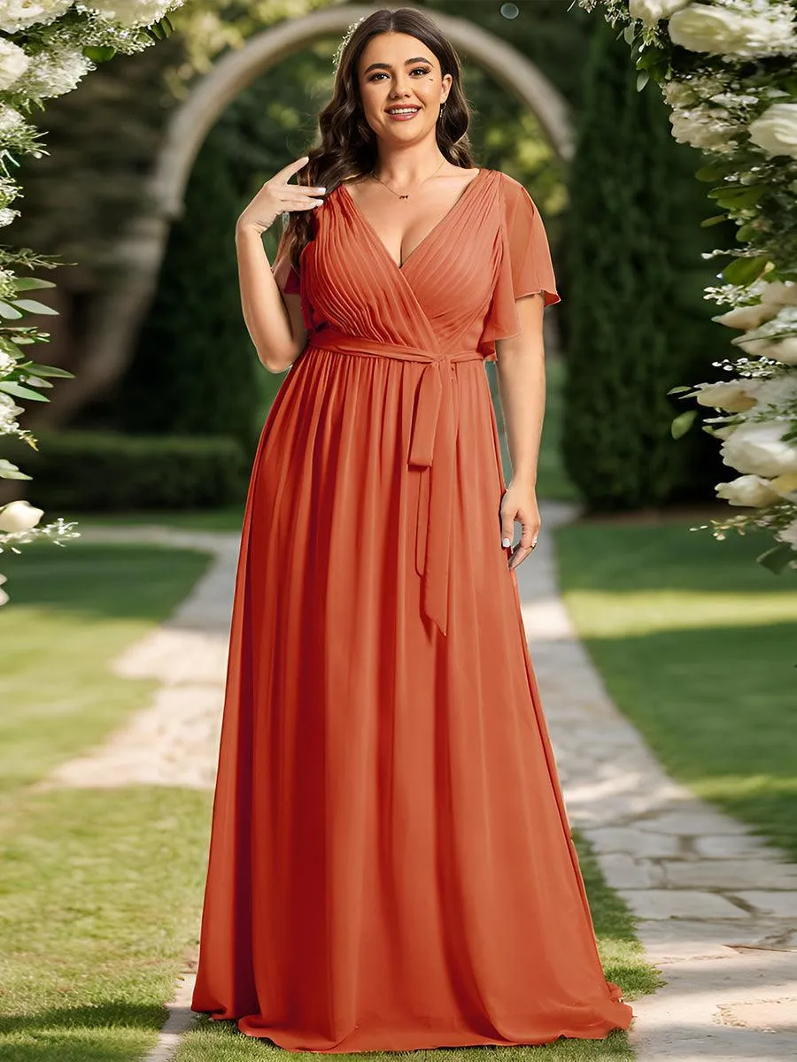 Robe mariage invitée en mousseline de soie à encolure en V et à manches flottantes
