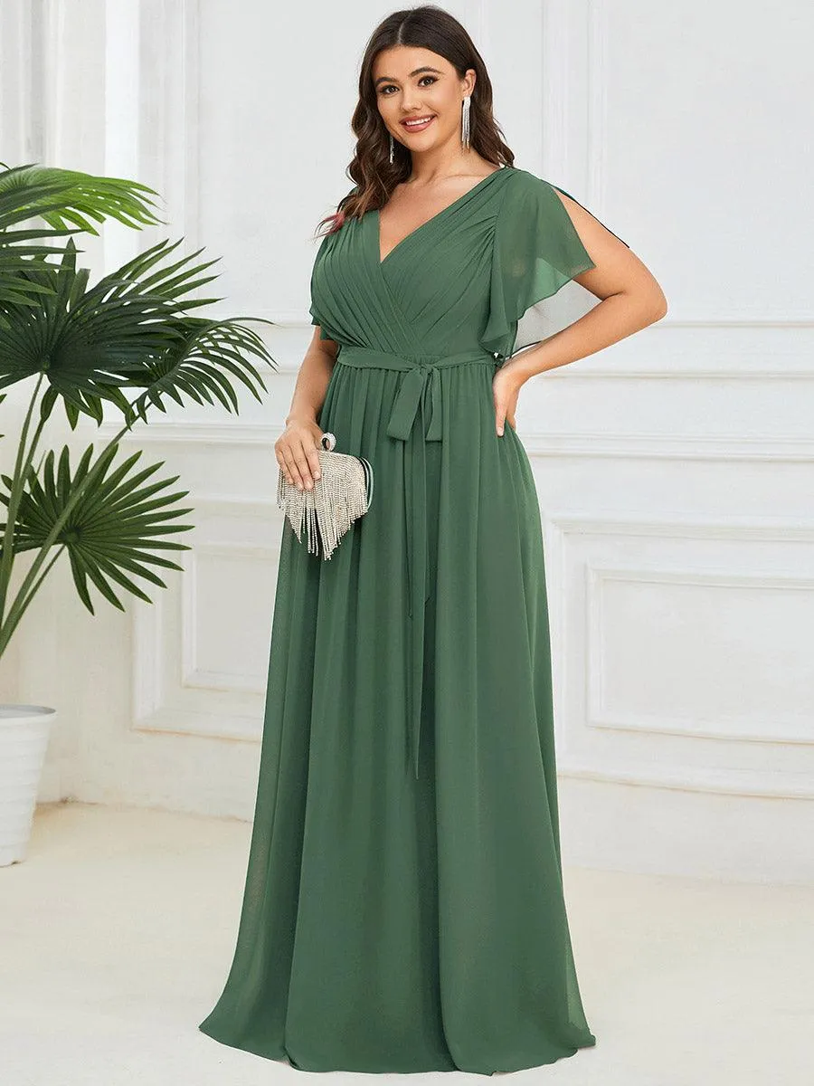 Robe mariage invitée en mousseline de soie à encolure en V et à manches flottantes