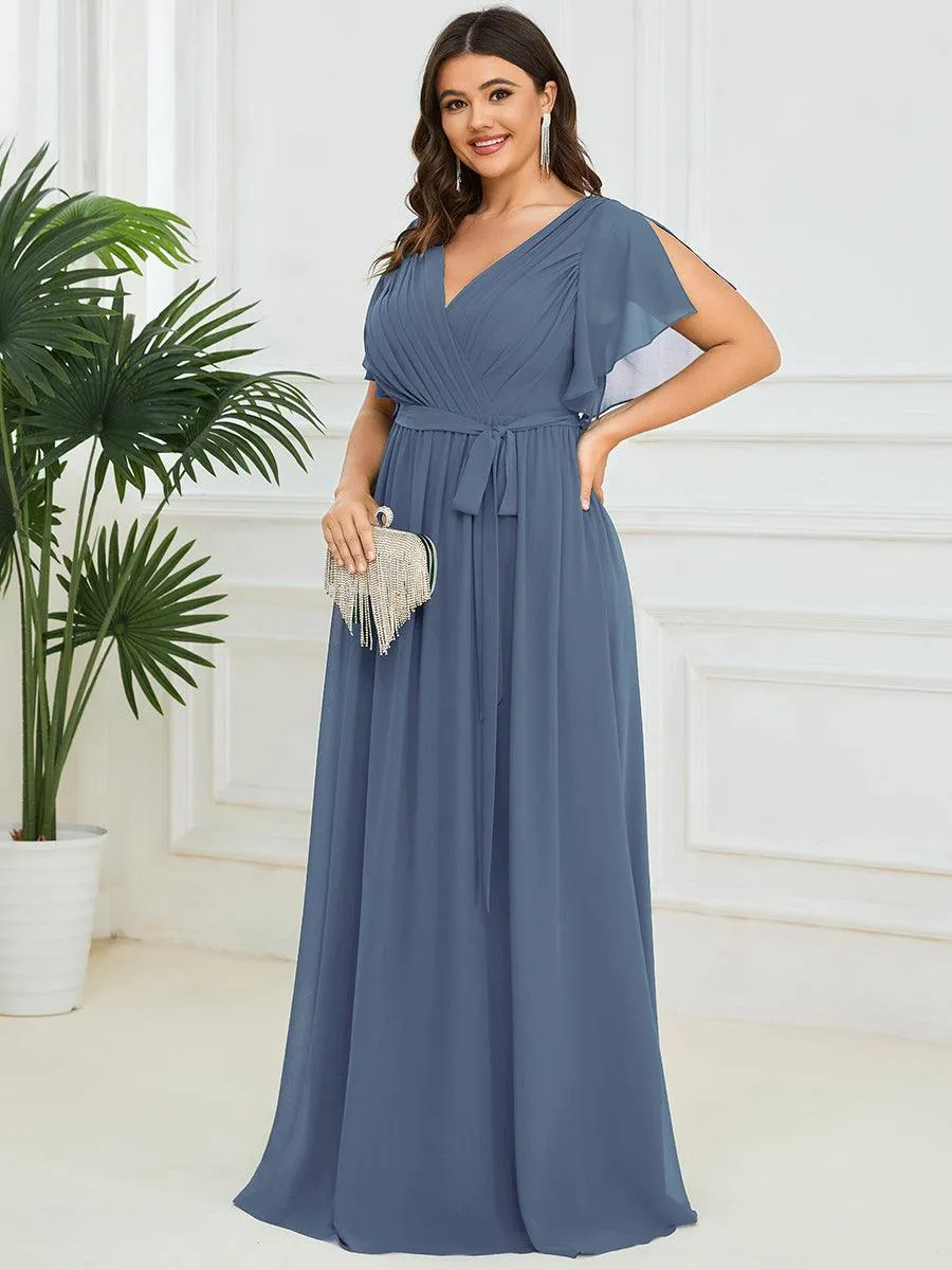 Robe mariage invitée en mousseline de soie à encolure en V et à manches flottantes