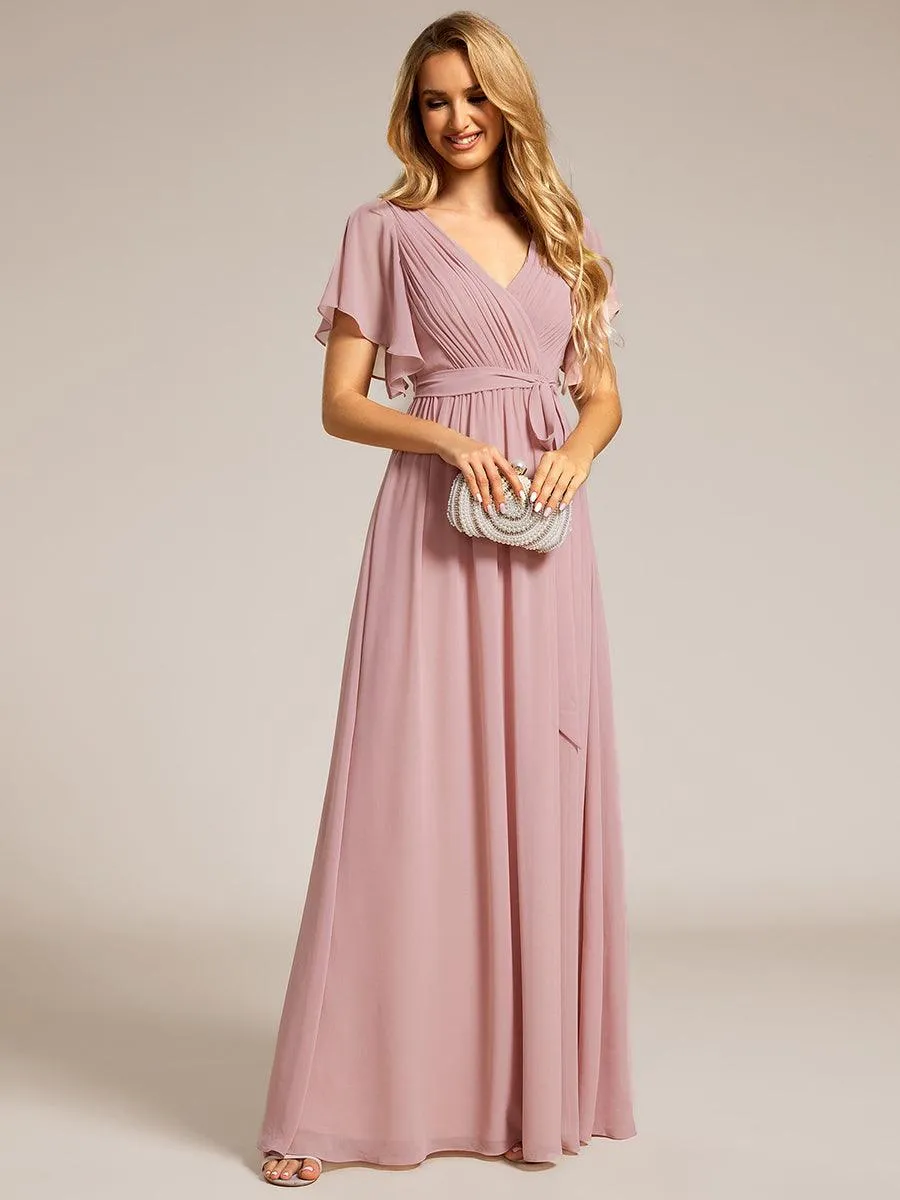 Robe mariage invitée en mousseline de soie à encolure en V et à manches flottantes
