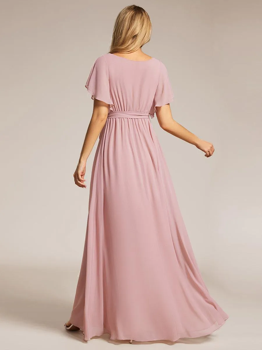 Robe mariage invitée en mousseline de soie à encolure en V et à manches flottantes