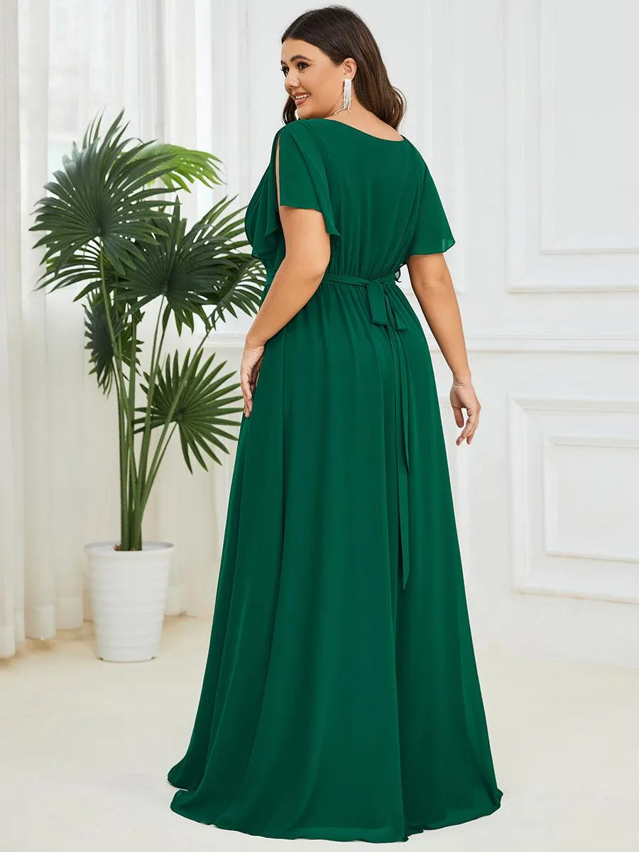 Robe mariage invitée en mousseline de soie à encolure en V et à manches flottantes